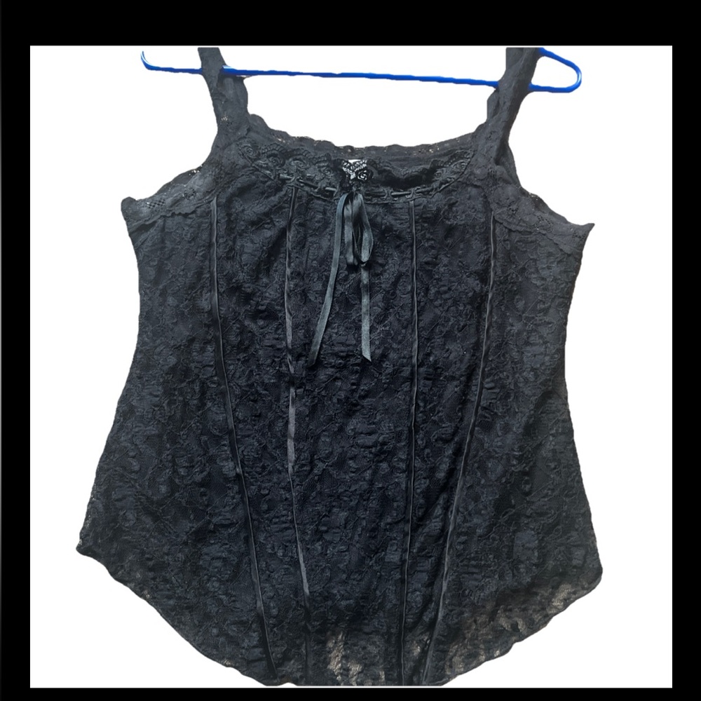 Y2K Black Babydoll Tank Top Cami Lace Trim Gothic Dark Pirate Sexy Vamp Womens M
